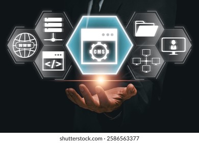 Visual representation of a content management system concept with digital interface icons and technology elements.