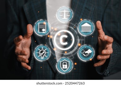 A visual representation of the copyright concept featuring icons related to law, ideas, and protection, emphasizing intellectual property rights.