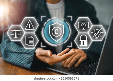Visual representation of copyright protection with digital icons highlighting intellectual property and security measures.