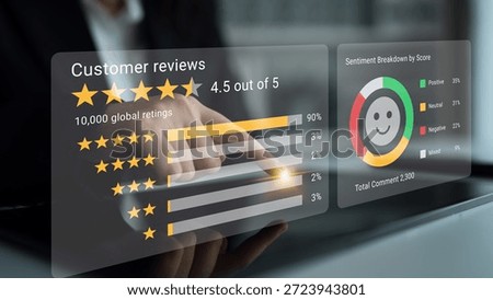 Visual representation of customer feedback data showcasing reviews and sentiment analysis on a digital display, highlighting important metrics for market insights. Gantry