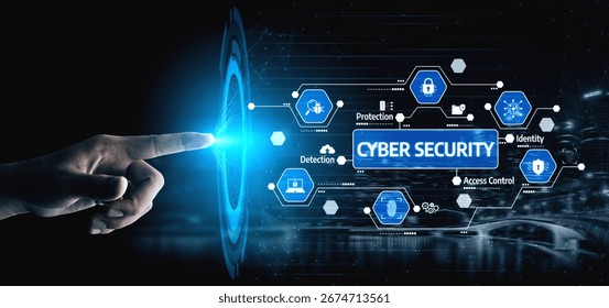 Visual representation of cyber security highlighting protection, detection, access control, and identity management within a digital interface, emphasizing safety measures. Tessel