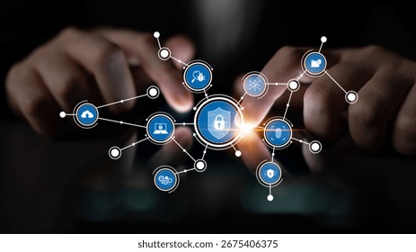 A visual representation of cybersecurity featuring secure network connections, digital icons, and a user interacting with technology, highlighting modern security strategies. Tessel