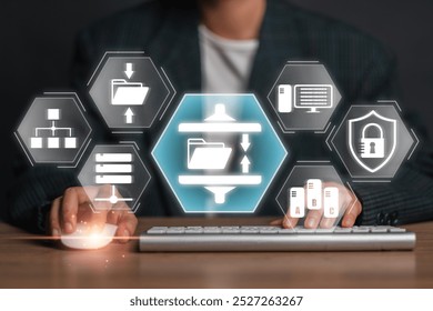 Visual representation of data compression with icons for file storage, security, and technology, illustrating modern digital solutions.