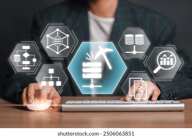 Visual representation of data mining with digital icons, showcasing technology and business analysis concepts.