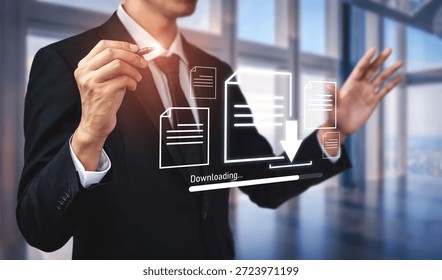Visual representation of digital document downloading, showing file transfer, data access, and progress status for secure and efficient information retrieval Vouch