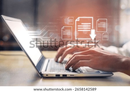 Visual representation of digital document downloading, showing file transfer, data access, and progress status for secure and efficient information retrieval Vouch