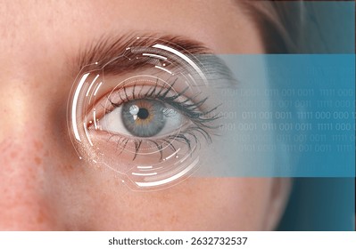Visual representation of digital eye technology showcasing data patterns and a human eye with cyber elements for modern innovation - Powered by Shutterstock - Get 15% off with code: PIKWIZARD15