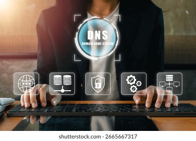 Visual representation of DNS technology with digital icons symbolizing internet, security, and data management.