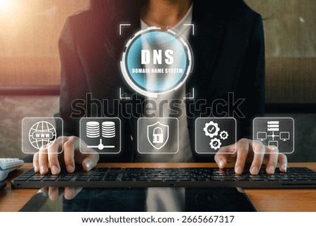 Visual representation of DNS technology with digital icons symbolizing internet, security, and data management.
