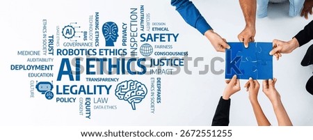 Visual representation of the essential concepts surrounding AI ethics, showcasing themes of safety, justice, transparency, and their societal implications for technology and governance. Amity
