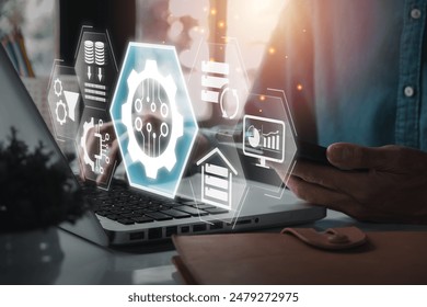 Visual representation of ETL (Extract, Transform, Load) process with digital interface, data integration, and business analytics on a laptop screen. - Powered by Shutterstock