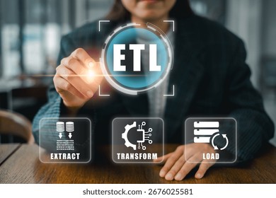 Visual representation of ETL process with extract, transform, load icons, ideal for data management themes.