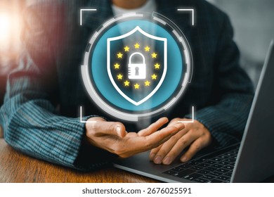 Visual representation of GDPR with a digital shield and lock, symbolizing data protection and privacy compliance. - Powered by Shutterstock - Get 15% off with code: PIKWIZARD15