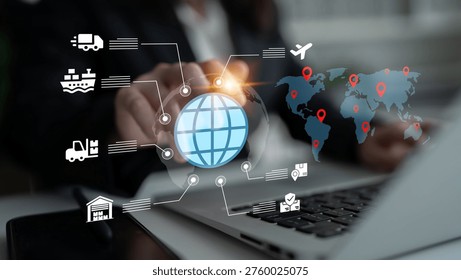 Visual representation of global supply chain management featuring logistics icons and digital connectivity, illustrating business operations and strategic planning in modern industries. Ledger
