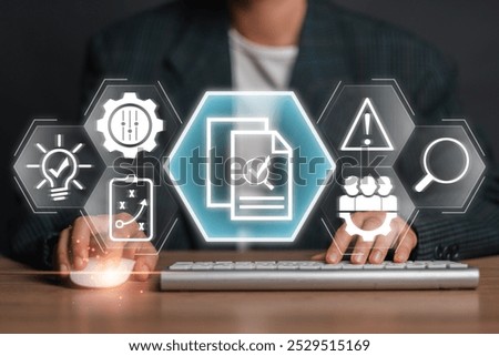 Visual representation of internal audit with digital icons symbolizing analysis, compliance, and risk management.