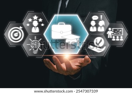 Visual representation of internship concept with icons symbolizing career growth, teamwork, and professional skills.
