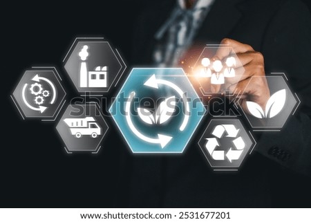 Visual representation of life cycle assessment with sustainability icons, highlighting eco-friendly practices and environmental impact.