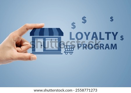 A visual representation of a loyalty program, featuring a hand holding a shop icon with dollar symbols and a shopping cart, emphasizing customer rewards and incentives.