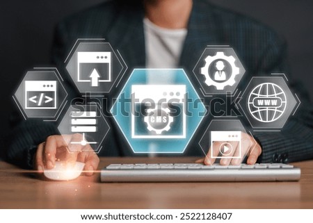Visual representation of a modern Content Management System (CMS) concept with digital interface icons for web development and online management.