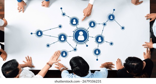 Visual representation of networking and collaboration concepts with diverse people icons and connection lines on a white surface, illustrating engagement and teamwork. Amity