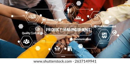 A visual representation of project management concepts featuring diverse team hands united in collaboration, surrounded by digital icons symbolizing strategy and communication. Amity