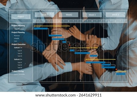 Visual representation of project management including Gantt chart, tasks, and team collaboration, highlighting the importance of planning, execution, and project closure. Amity
