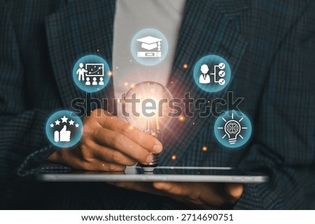 Visual representation of qualification concepts with icons for education, skills, and innovation over a digital tablet.