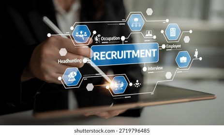A visual representation of the recruitment process featuring digital tools for hiring, headhunting, and employee selection in a modern professional setting. Tessel