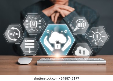 Visual representation of RegTech solutions featuring cloud computing, data security, and AI technology icons, symbolizing modern regulatory technology advancements.