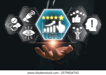 Visual representation of reputation management with digital icons, highlighting online presence and brand trust.