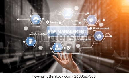 A visual representation of risk management concepts, showcasing hands reaching for digital icons related to security and crisis management in a modern business setting. Tessel