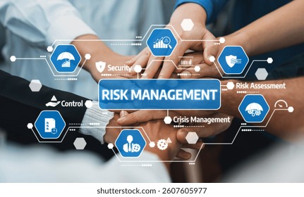 A visual representation of risk management featuring hands together in collaboration, symbolizing teamwork and strategic planning to mitigate business risks effectively. Amity