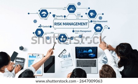Visual representation of a risk management framework, showcasing strategies for security, assessment, and crisis management with collaborative teamwork. Amity