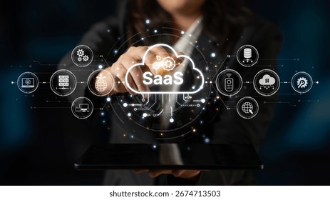 Visual representation of SaaS showing infrastructure, SaaS deployment, SaaS platform features, and SaaS integration model in digital environment. Spline