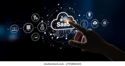 Visual representation of SaaS showing infrastructure, SaaS deployment, SaaS platform features, and SaaS integration model in digital environment. Spline