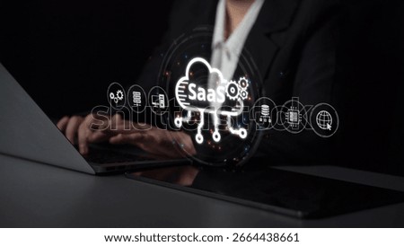 Visual representation of SaaS showing infrastructure, SaaS deployment, SaaS platform features, and SaaS integration model in digital environment. Muxer
