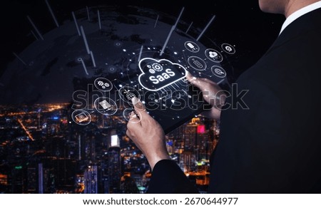 Visual representation of SaaS showing infrastructure, SaaS deployment, SaaS platform features, and SaaS integration model in digital environment. Spline