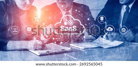 Visual representation of SaaS showing infrastructure, SaaS deployment, SaaS platform features, and SaaS integration model in digital environment. Spline