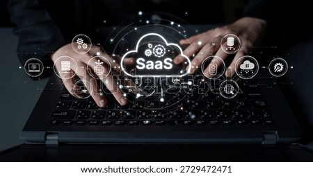 Visual representation of SaaS showing infrastructure, SaaS deployment, SaaS platform features, and SaaS integration model in digital environment. Spline