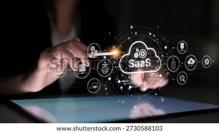 Visual representation of SaaS showing infrastructure, SaaS deployment, SaaS platform features, and SaaS integration model in digital environment. Spline