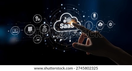 Visual representation of SaaS showing infrastructure, SaaS deployment, SaaS platform features, and SaaS integration model in digital environment. Spline