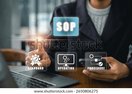 Visual representation of SOP concept with digital icons for standard, operating, and procedure in a business environment.