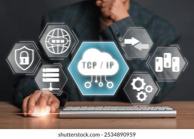 Visual representation of TCP-IP protocol with digital icons and businessman, illustrating modern network communication.