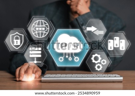 Visual representation of TCP-IP protocol with digital icons and businessman, illustrating modern network communication.