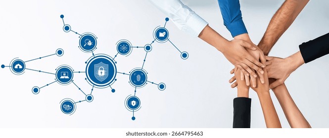 A visual representation of teamwork focused on security, showcasing diverse hands united around digital security icons, symbolizing collaboration and protection in a modern workplace. Amity