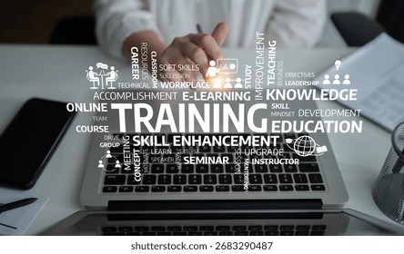 Visual representation of training themes, emphasizing skill enhancement, e-learning, and knowledge development in a modern workspace to boost professional growth. Tessel