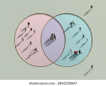 A visual representation of two distinct groups of people shown within a Venn diagram, with some individuals interacting in the overlapping section.
