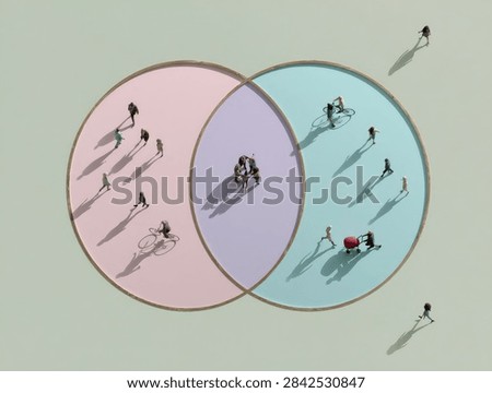 A visual representation of two distinct groups of people shown within a Venn diagram, with some individuals interacting in the overlapping section.