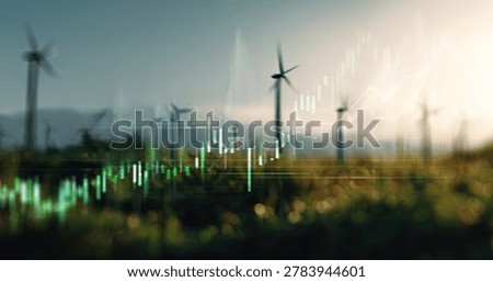 A visual representation of wind turbines in a field, overlaid with a green financial stock market graph, symbolizing investment in renewable energy.