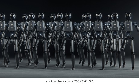 Visualization of Army of Advanced Humanoid Robots Marching Together Synchronously Across Dark Futuristic Space. Artificial Intelligence, Robotics and Cybernetics Concept. Visual Effects Animation.